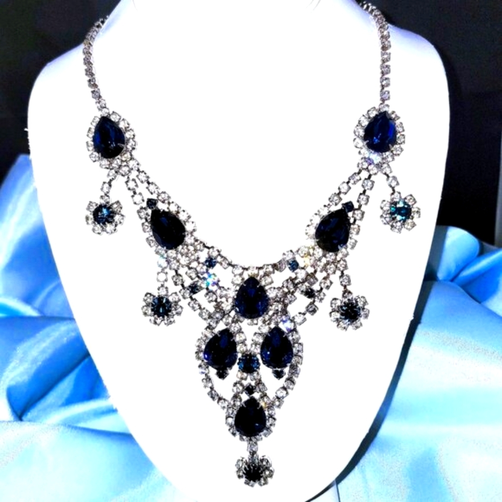 RARE Verified JULIANA V-Shape Bib Necklace w/ Sapphire & Clear Austrian Crystals